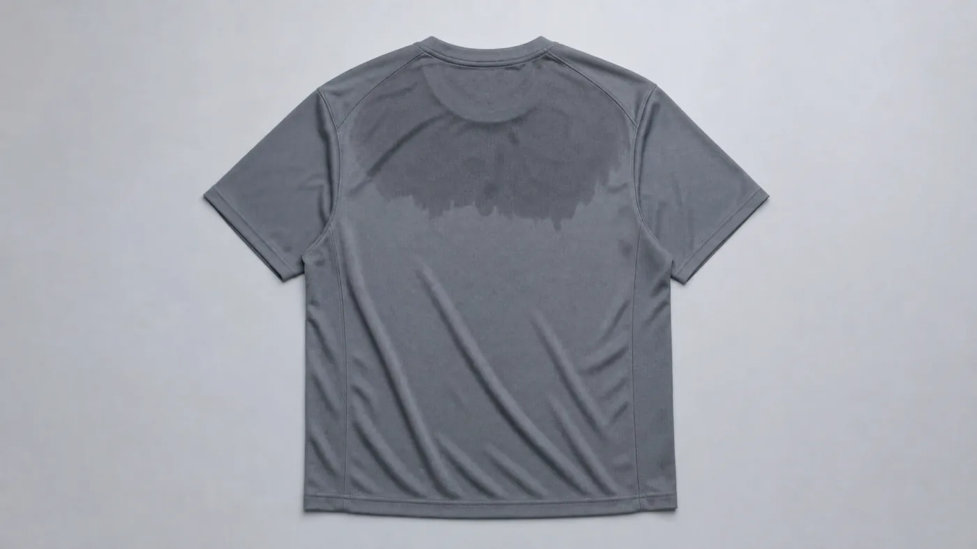 A technical t-shirt laid flat, its upper back darker where it is still damp