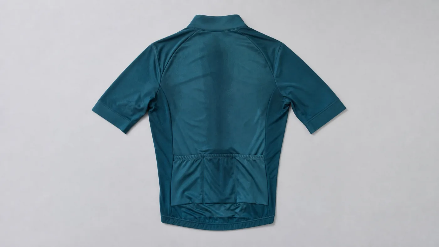 A cycling jersey laid flat with faint damp shading along the centre back and underarms