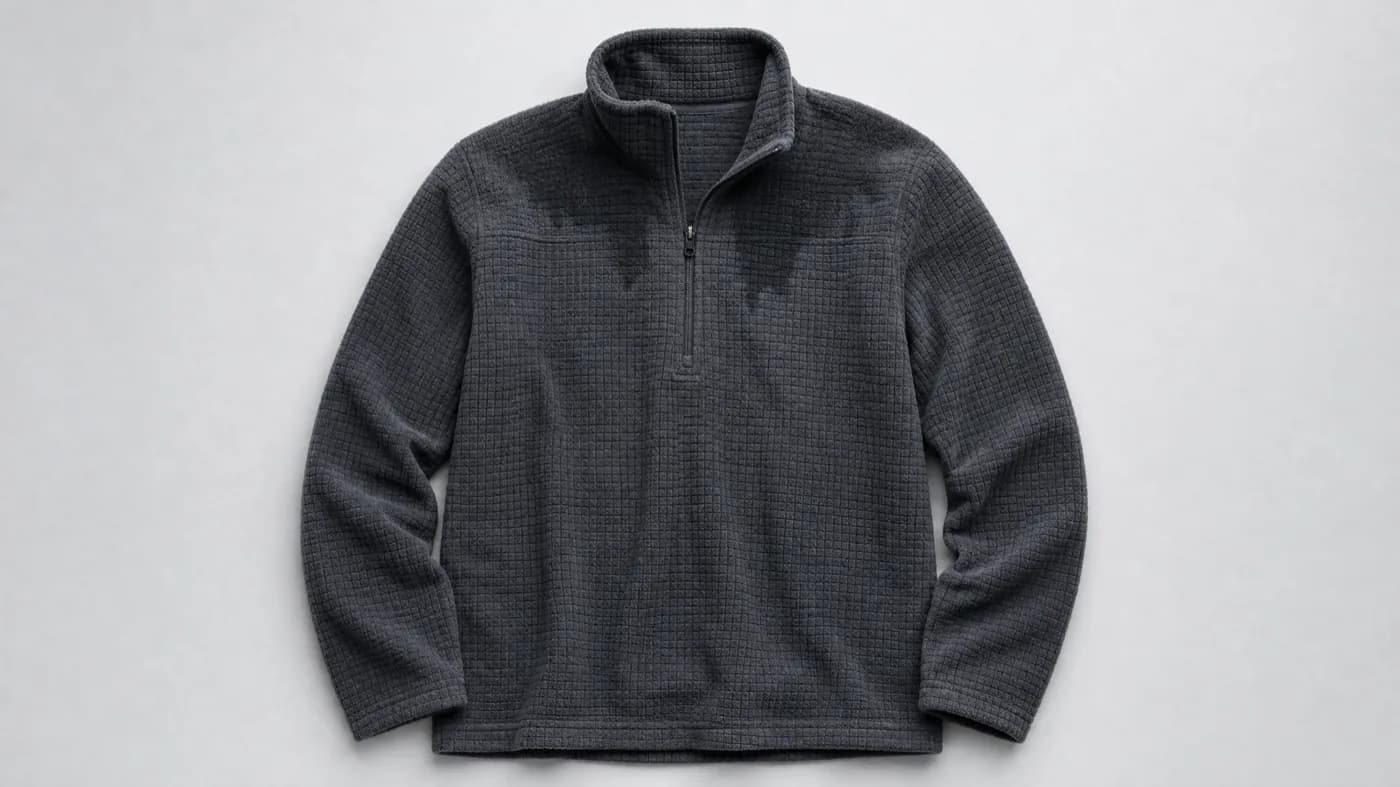 A grid fleece pullover laid flat with a barely visible damp patch near the collar
