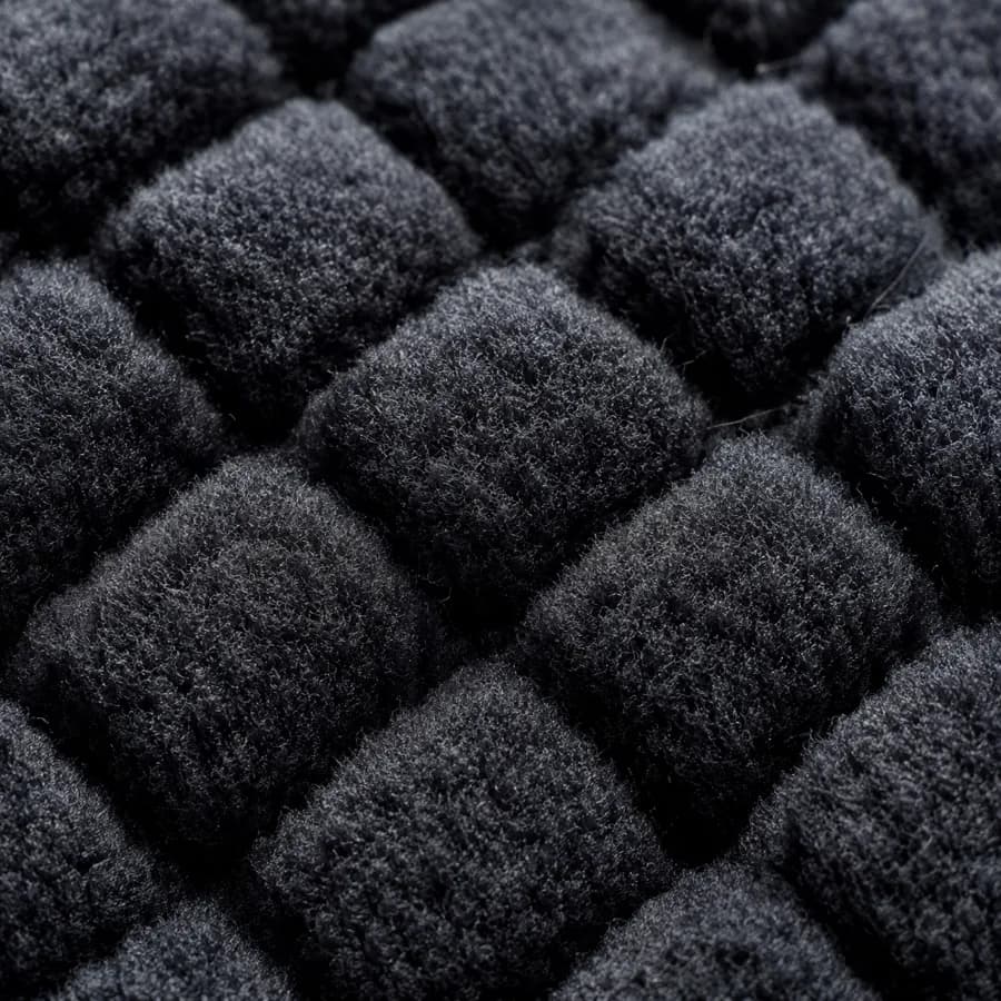 Macro view of grid fleece showing its brushed polyester pile on a grid base, high loft, large air volume