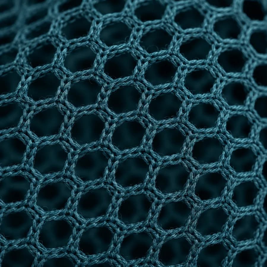 Macro view of open mesh panel showing its warp-knitted mesh, open area roughly a third of the panel